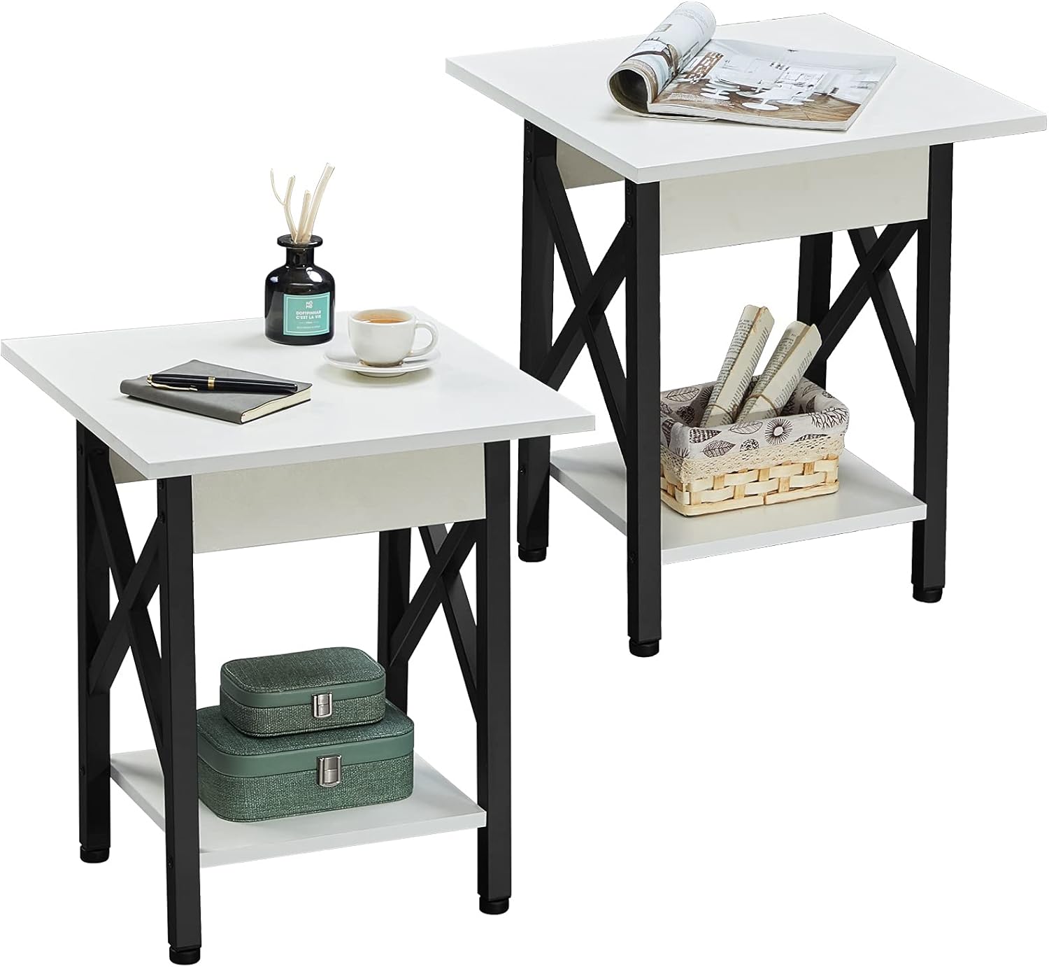 GreenForest End Table 24 inch Industrial Design Side Table with Storage Shelf for Living Room, Easy Assembly, Rustic Walnut Pack of 2
