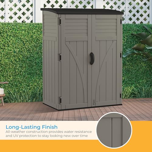Suncast 54 Cubic Ft. Vertical Resin Outdoor Storage Shed with Lockable Double Doors, Weather-Resistant Multi-Wall Panels, Customizable Shelving