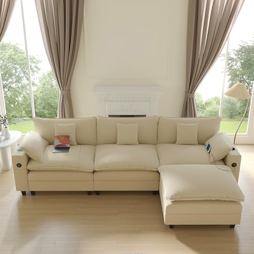 Modular Sectional Sofa, Cloud Couch with Ottoman, Charging Station, Throw Pillows, Cup Holders, Modern Convertible U Shaped Couches for Living Room