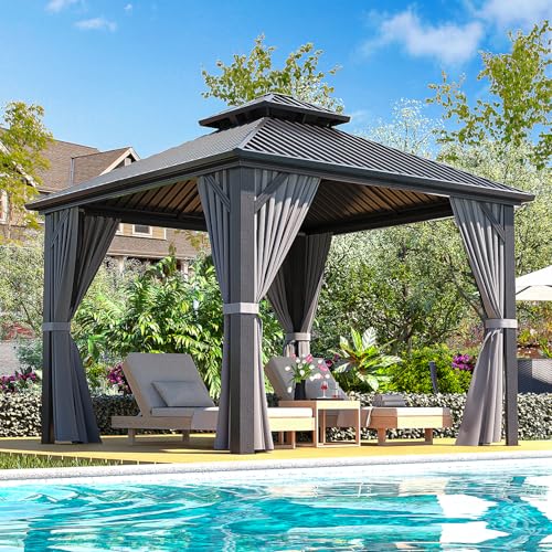 10x10 FT Gazebo Hardtop Gazebo Aluminum Pergola with Aluminum Frame, Double Galvanized Steel Roof