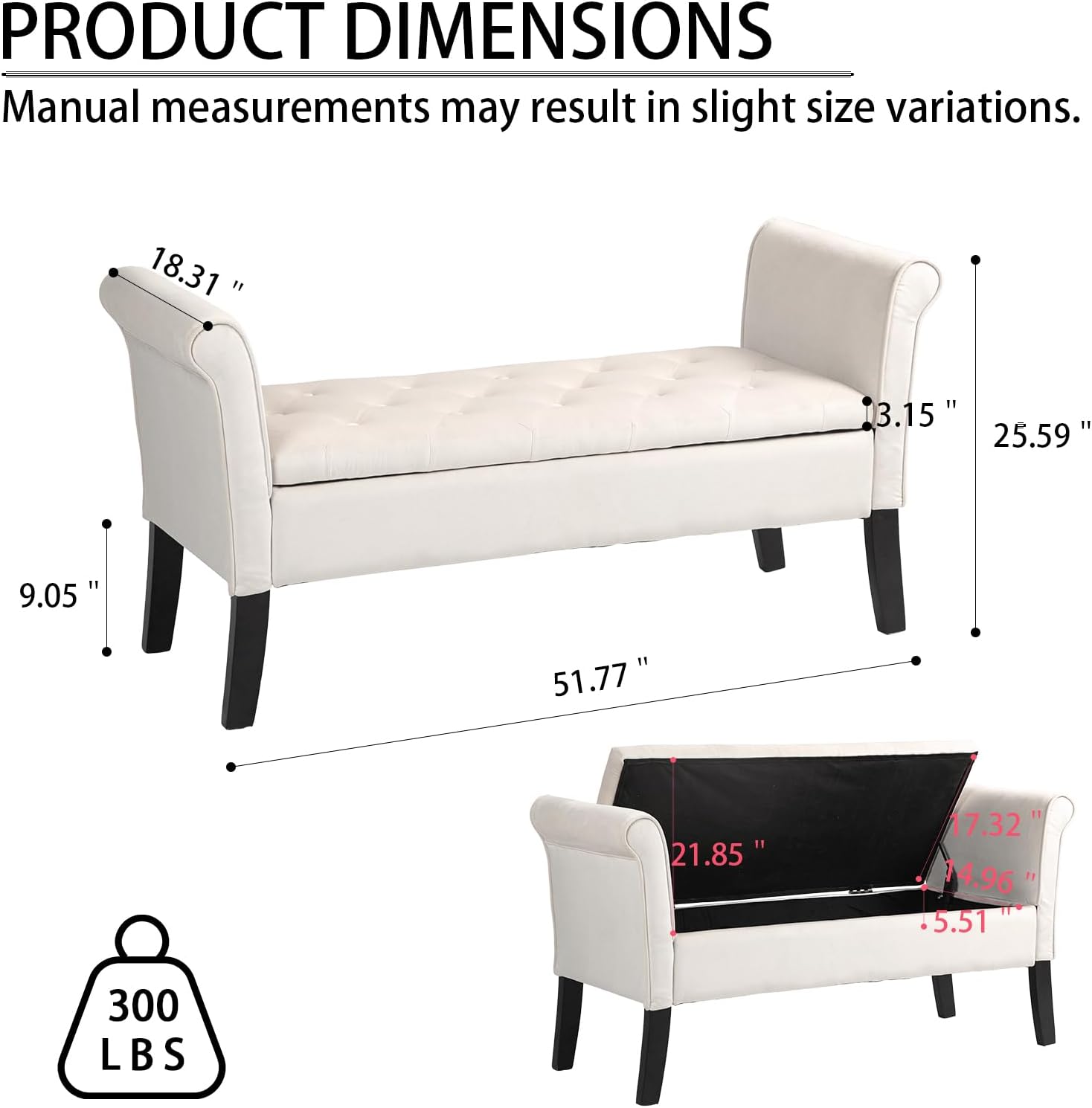 Storage Bench for Bedroom, 51" Tufted Large Upholstered Storage Ottoman End of Bed Bench, Rolled Arm Entryway Bench (Beige)