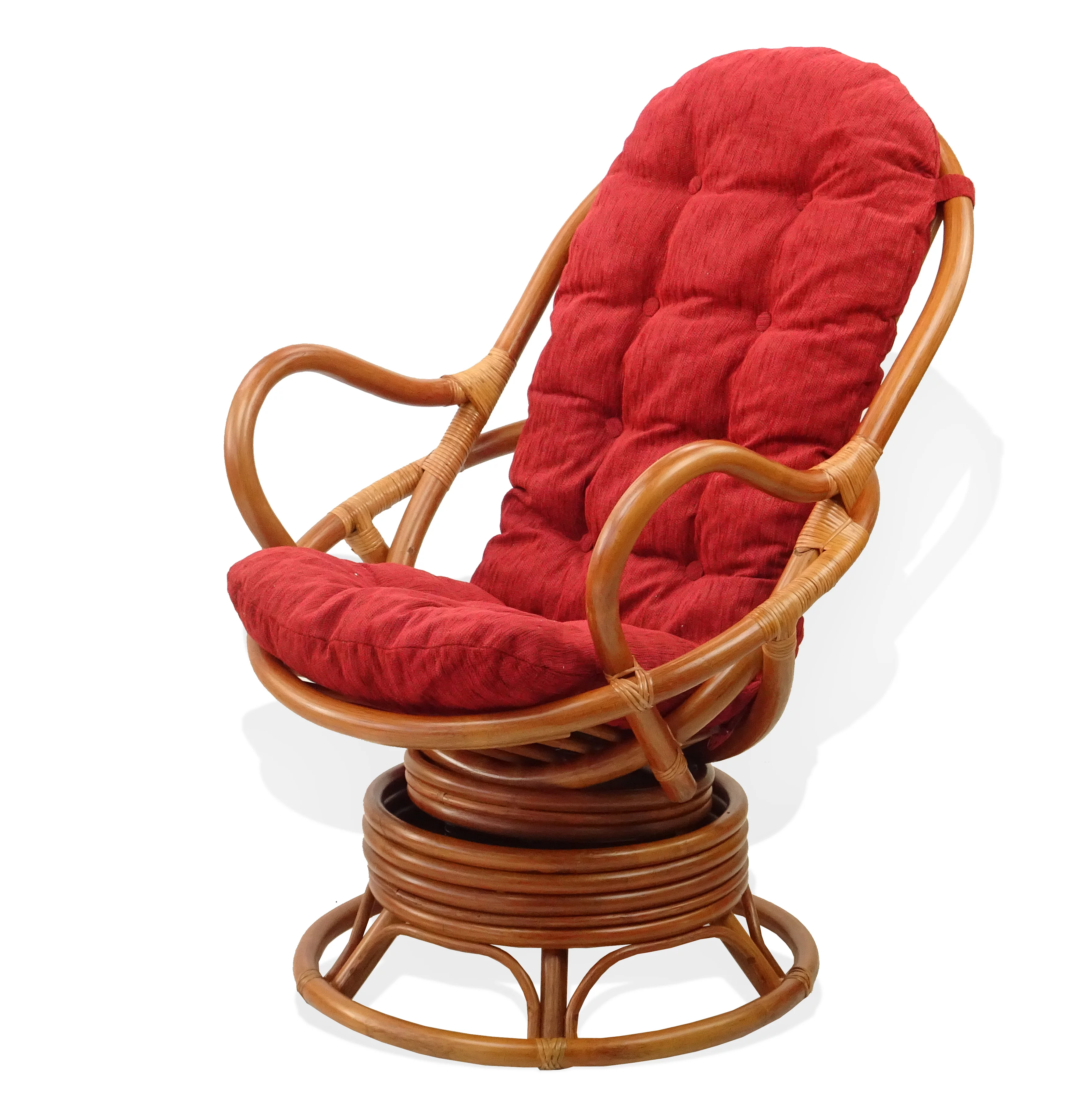 SK New Interiors Java Swivel Rocking Lounge Chair Natural Rattan Wicker with Burgundy Cushion, Colonial