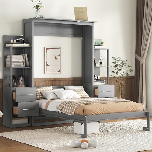 Harper & Bright Designs Full Size Murphy Bed Wall Bed with Storage Shelves, Drawers and LED Lights