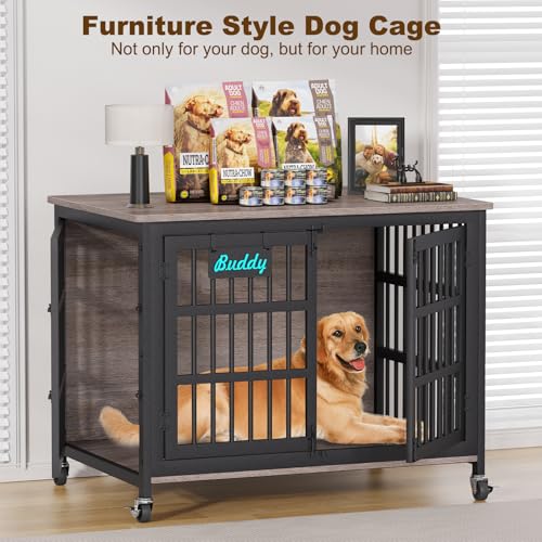 EasyCom 48"/42"/33" Dog Crate Furniture with Name Tag, Heavy Duty Dog Kennel Indoor for Large Dogs