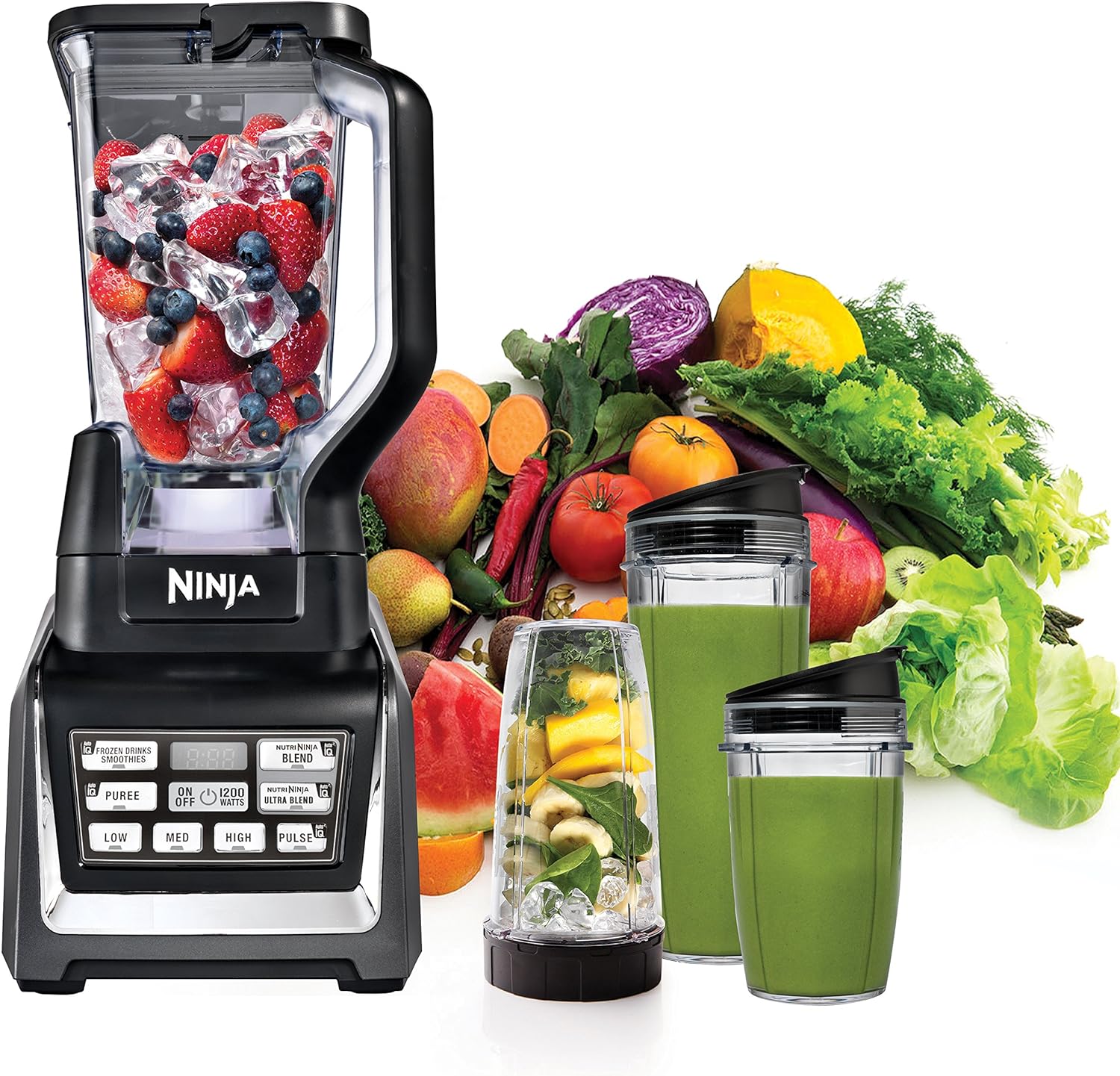 Ninja BL642 Nutri Ninja Personal & Countertop Blender with 1200W Auto-iQ Base, 72 oz. Pitcher, and 18, 24, & 32 oz. To-Go Cups with Spout Lids