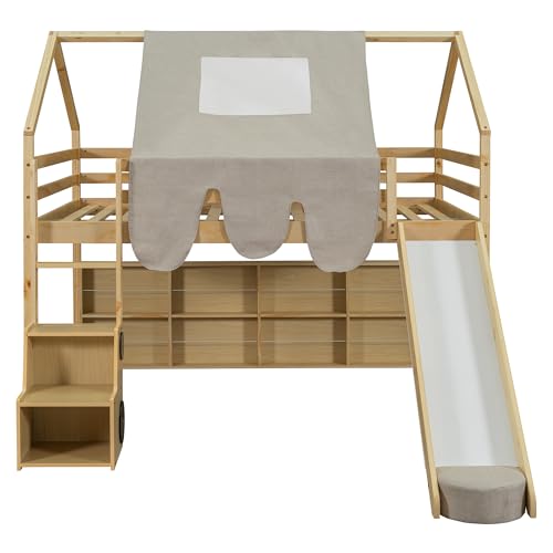 Harper & Bright Designs Kids Twin Low Loft Bed with Slide and Storage Shelves, Wood Playhouse Loft Bed Frame with a Tent & Stairs