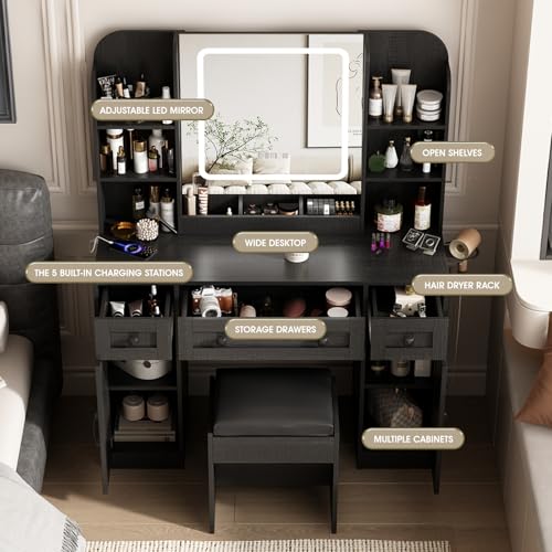 Vabches Makeup Vanity Desk, Vanity Mirror with Lights Desk and Chair,Makeup Table with 3 Large Drawers and 2 Cabinets, Time and Temperature Display