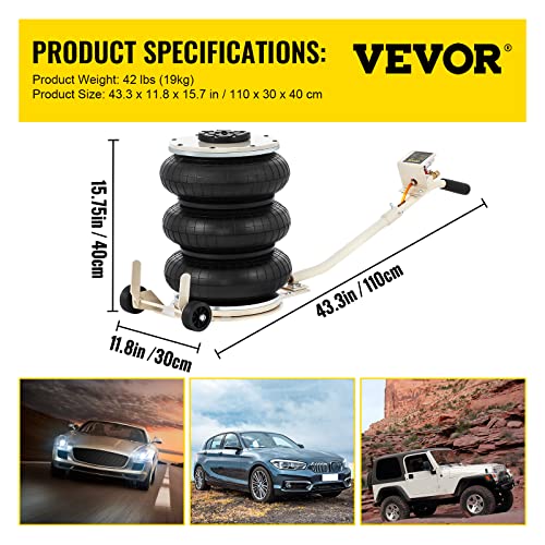 VEVOR Air Jack, 6 Ton/13000 lbs Quadruple Bag Air Jack, Lift up to 26.5", with Heightened Column & Adjustable Handle, Thick Rubber Pad