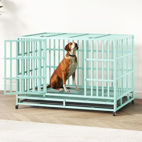 48 Inch Heavy Duty Dog Crate – Indestructible Steel Cage for Large Dogs, Double Door High Anxiety Cage with Removable Tray & Locking Wheels