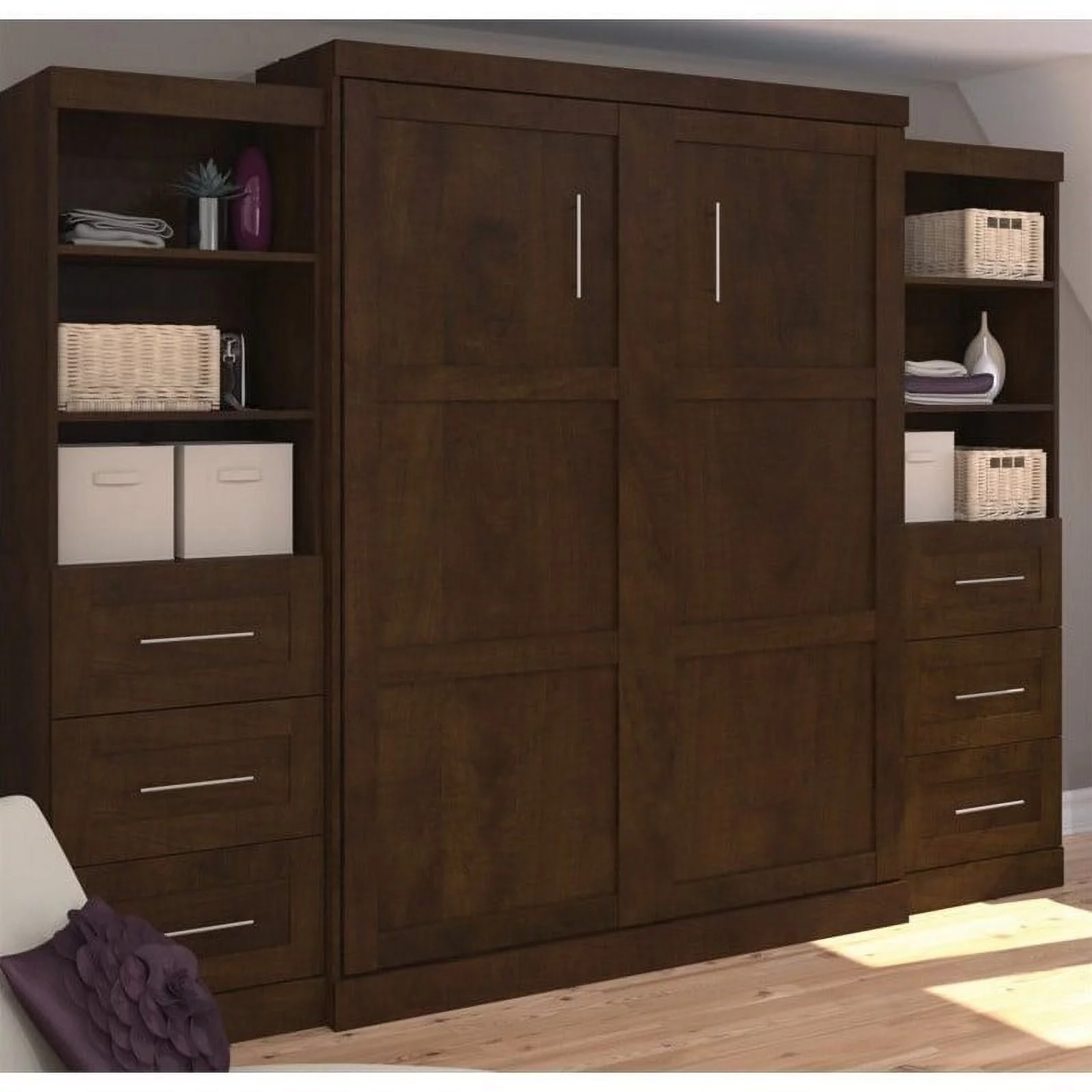 Atlin Designs 115" Queen Wall Bed with Storage and 3 Drawer Set in Chocolate
