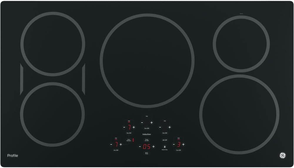 GE 36-Inch Cooktop with 5 Induction | Pan Size Sensors, SyncBurners, Red LED Display, Kitchen Timer, 3