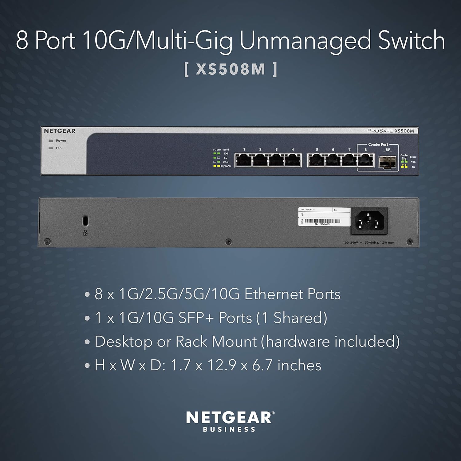 NETGEAR 8-Port 10G Multi-Gigabit Ethernet Unmanaged Switch (XS508M) - with 1 x 10G SFP+, Desktop or Rackmount, and Limited Lifetime Protection