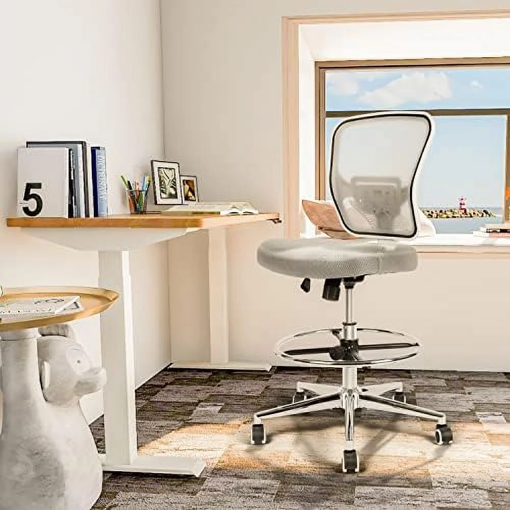 Drafting Chair  Tall Office Chair for Standing Desk  Drafting Stool with Lumbar Support  Adjustable Height and Foot Ring  Grey