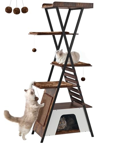 FourFurPets 72.4" Modern Cat Tower for Indoor Cats - Multi-Level Condo With Caves, Tall Tree With Scratching Board, Wooden Tower With Large Perch