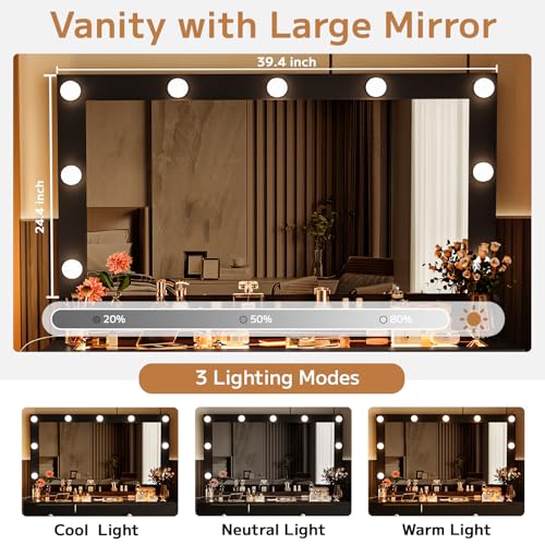 Vanity Desk with Large Mirror and Lights