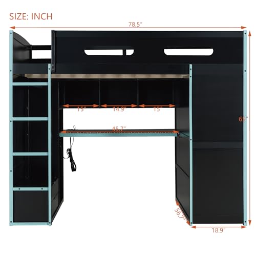 Modern Full Size Gaming Loft Bed with Built-in Desk and Storage Wardrobe, Wood Loft Bed Frame with Light Strip and 2 Drawers