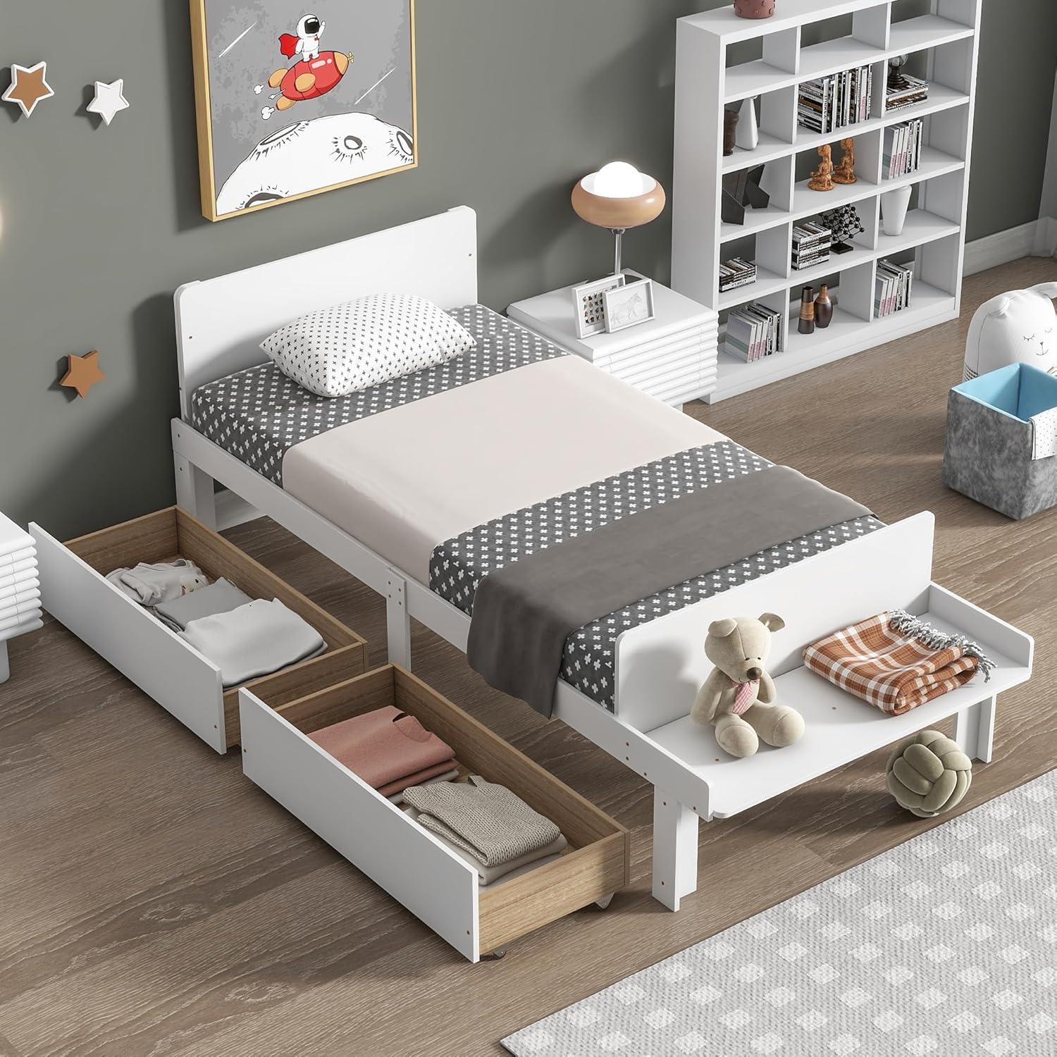 Bellemave Twin Size Platform Bed with Footboard Bench, Low Platform Bed Frame with Storage Drawers for Kids Boys Girls