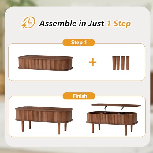 Fluted Lift Top Coffee Table with Hidden Compartment, Fully Assembled Wooden Center Table, Modern Oval Lift Tabletop for Home Living Room Office