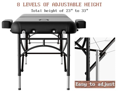 Professional Massage Table Portable 3 Fold Premium Memory Foam Aluminium Leg Hold Up to 1100LBS 8 Heights Adjustable with Carrying Bag Black