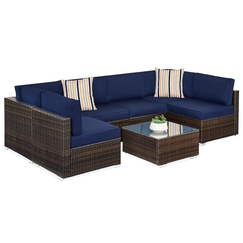 Best Choice Products 7-Piece Modular Outdoor Sectional Wicker Patio Conversation Set w/ 2 Pillows, Coffee Table, Cover Included - Gray/Navy