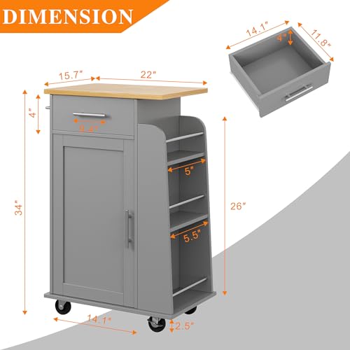 Shintenchi Rolling Kitchen Island Cart with Folding Drop Leaf Breakfast Bar, Portable Trolley Island with Large Storage Cabinet, Shelf and Drawer