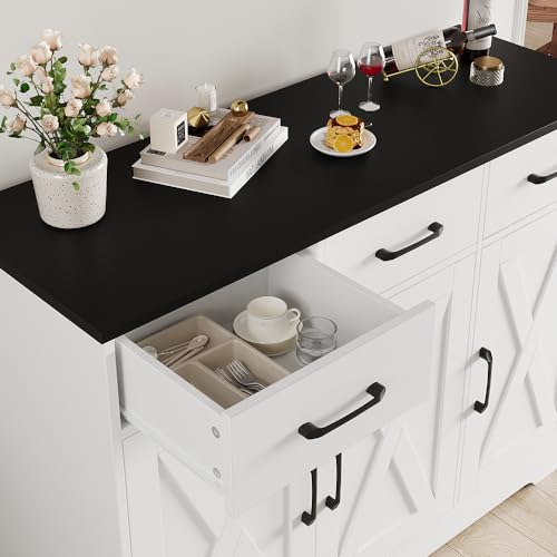 HOSTACK Modern Farmhouse Sideboard Buffet Cabinet, Barn Doors Buffet Storage Cabinet with Drawers and Shelves