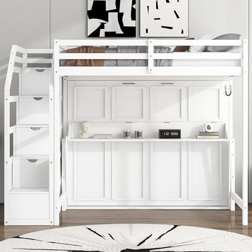 Merax Queen Size Murphy Bed, Wooden Queen Murphy Bed Wall Bed with Sofa and Cushion, for Home Office or Small Room, White