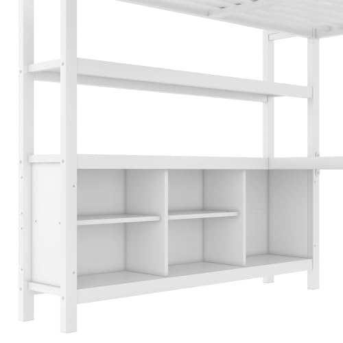 Metal Loft Bed with Wardrobe and L-Shaped Desk, Full Size Loft Bed with Storage Cubes and Shelves, Heavy Duty Loft Bed for Kids Teens, White
