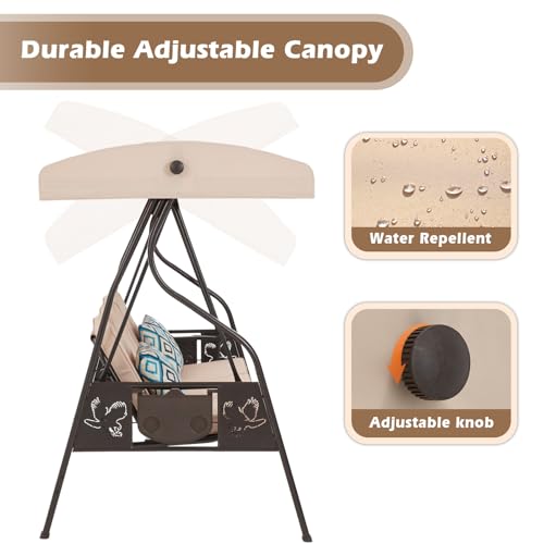 3-Seat Outdoor Porch Swing with Stand, Patio Swing with Canopy