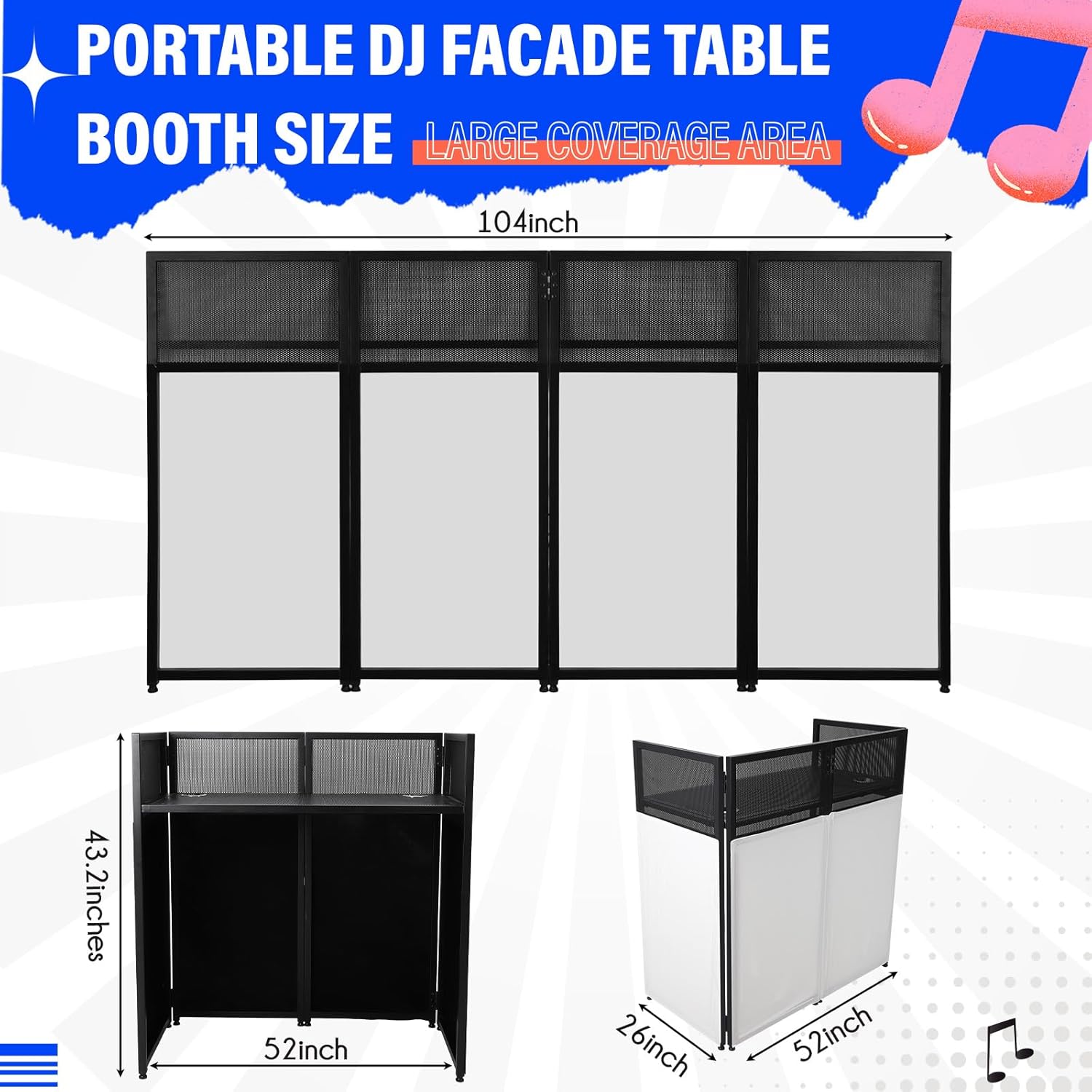 Portable DJ Facade Booth,52"L X 26"W DJ Facade with White & Black Scrim,Foldable DJ Table Station with Adjustable Feet for Party, Black Metal Frame