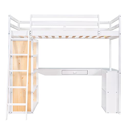 Twin Loft Bed with Staircase, Desk and Wardrobe, Wood Loft Bed with Storage Shelves and Safety Guardrail