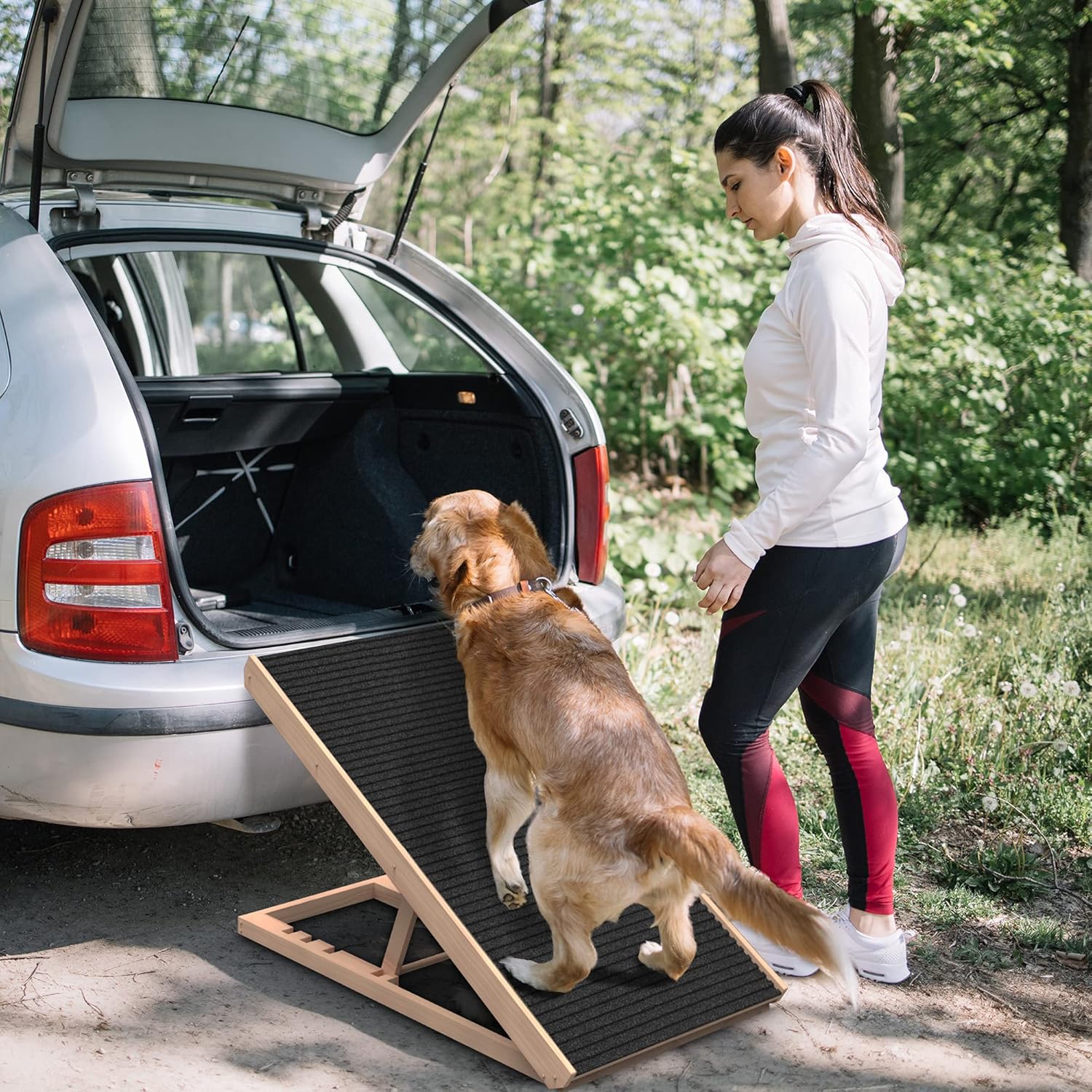 SASRL Adjustable Pet Ramp for All Dogs and Cats - Folding Portable Dog Ramp for Couch or Bed with Non Slip Carpet Surface