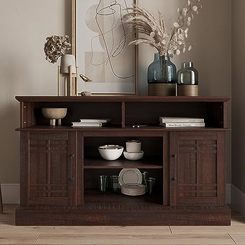 BELLEZE Modern 48" Farmhouse Wood TV Stand & Media Entertainment Center Console Table for TVs up to 50 Inch with Open Storage Shelves & Cabinets