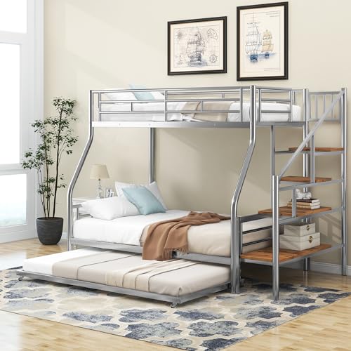 Twin Over Full Bunk Bed with Trundle and Stairs, Metal Bunk Bed with Storage and Safe Guardrails, Heavy-Duty Metal Bunkbeds for Teens, Adults