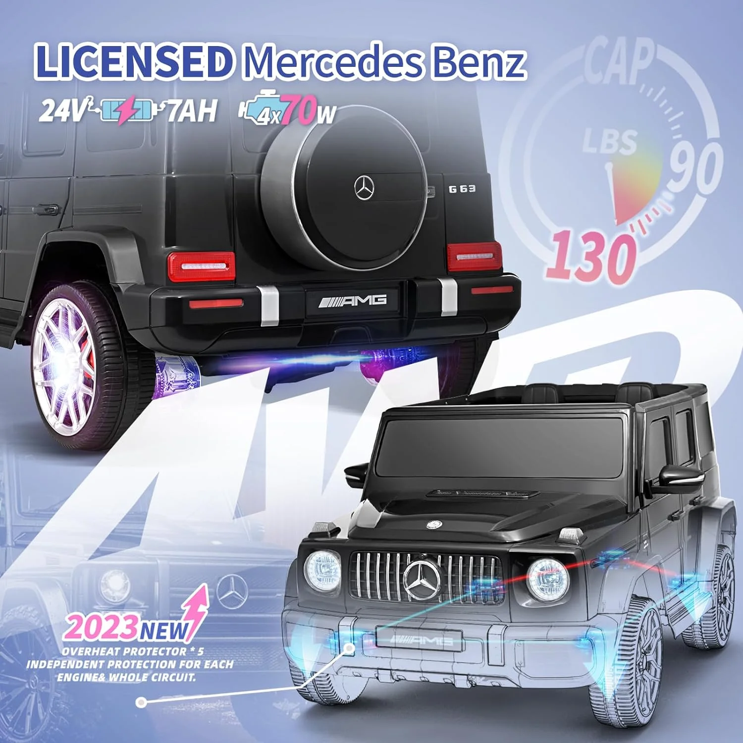Joywhale 24V 2-Seater Kids Ride on Car Licensed Mercedes-Benz G63 4WD Electric Vehicle, with 7AH Big Battery, Remote Control, Soft Braking
