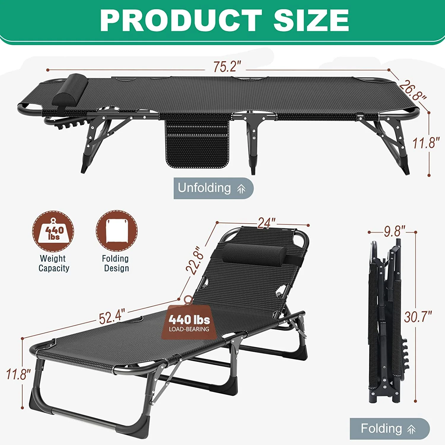 Slsy Folding Sleeping Cots Bed with 2 Sided Mattress & Pillow, Folding Camping Cot, Adjustable 4-Position Folding Lounge Chair