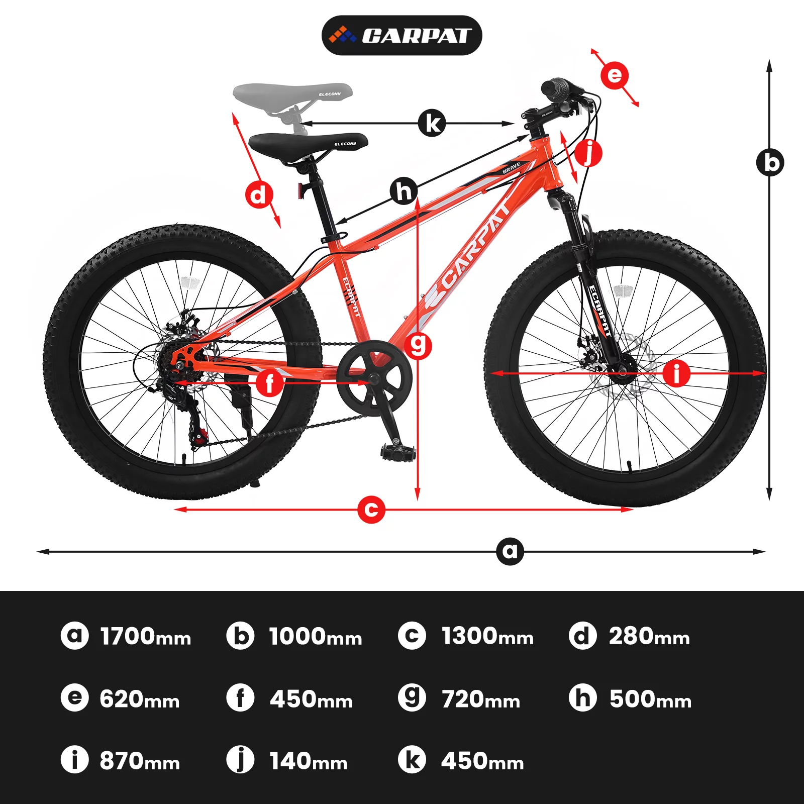 S24109 Elecony 24 Inch Fat Tire Bike Adult/Youth Full Shimano 7 Speeds Mountain Bike, Dual Disc Brake, High-Carbon Steel Frame, Front Suspension