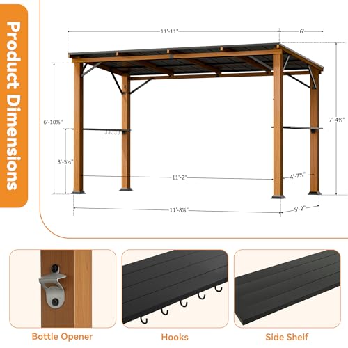 Hardtop Grill Gazebo 6'x12'with Side Shelf, Outdoor Gazebo with Bottle Opener & Hooks