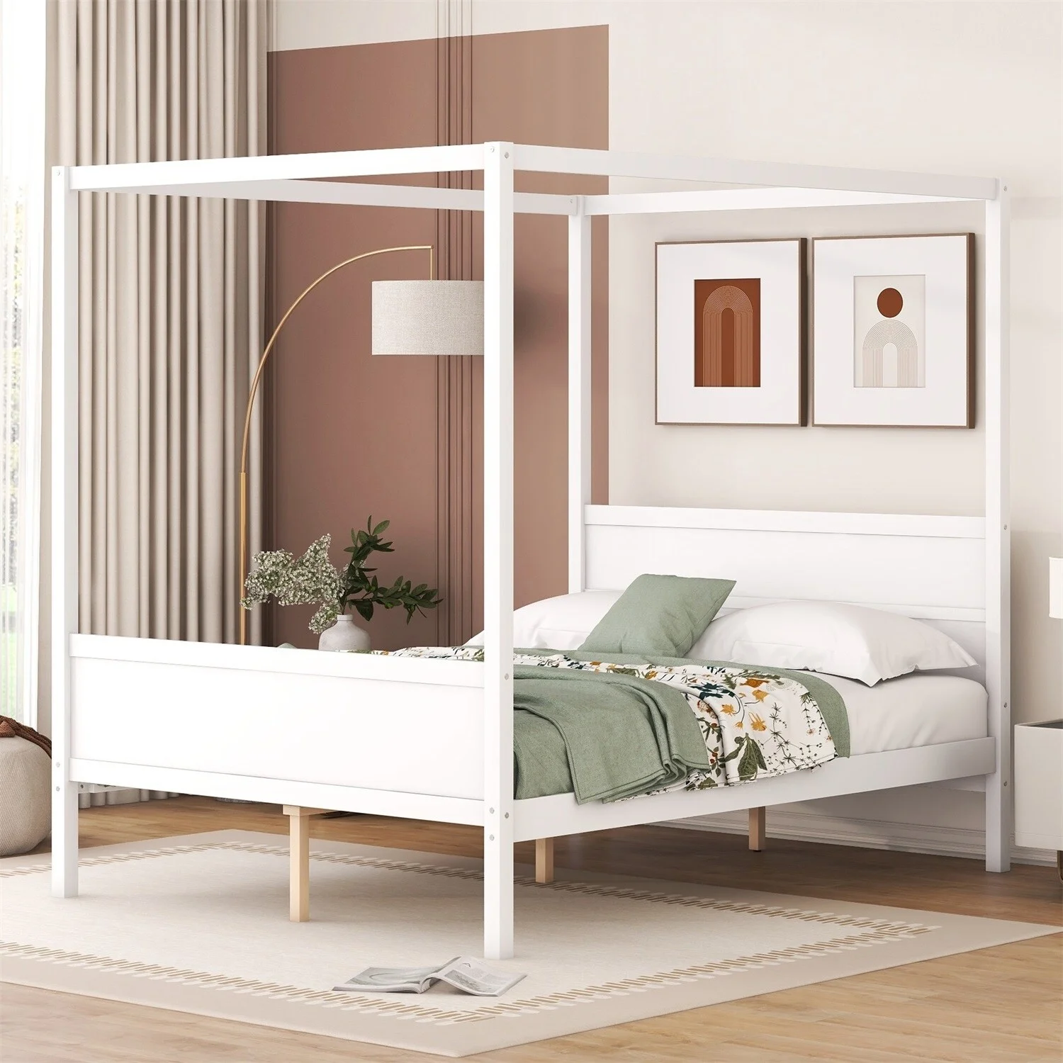 MERAX  Queen Size Canopy Platform Bed with Headboard and Footboard White