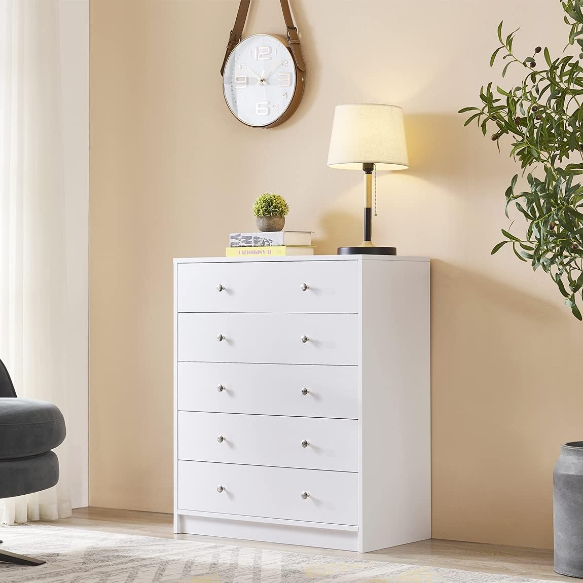 Generic Dresser with 5 Drawers, Modern Chest of Drawers Wood Cabinet with Storage Space, Organizer Unit with Solid Wood Frame for Living Room