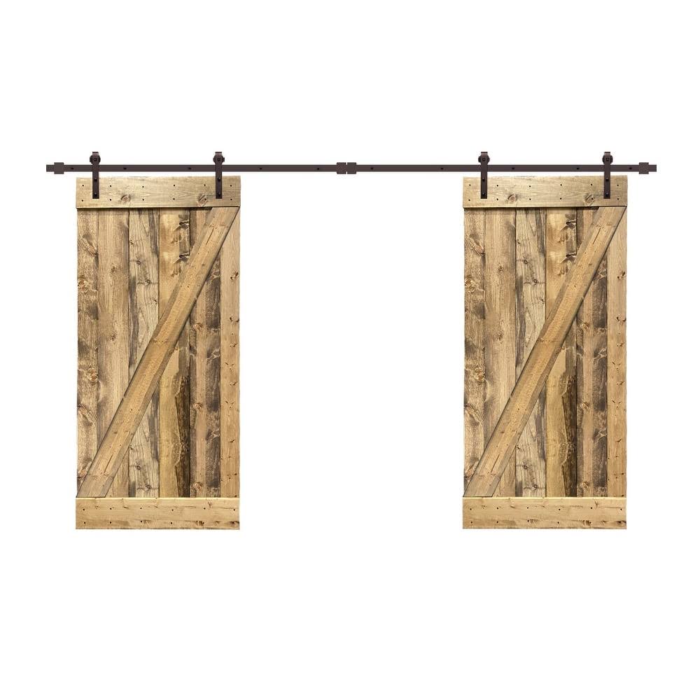 CALHOME 76 in. x 84 in. Z Bar Series Red Walnut Stained Solid Pine Wood Interior Double Sliding Barn Door with Hardware Kit