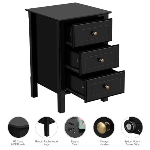 Yaheetech Bedside Table Set of 2, Nightstand with 3 Drawer and Solid Wood Legs, Accent Night Stand with Storage Cabinet for Bedroom Home Office