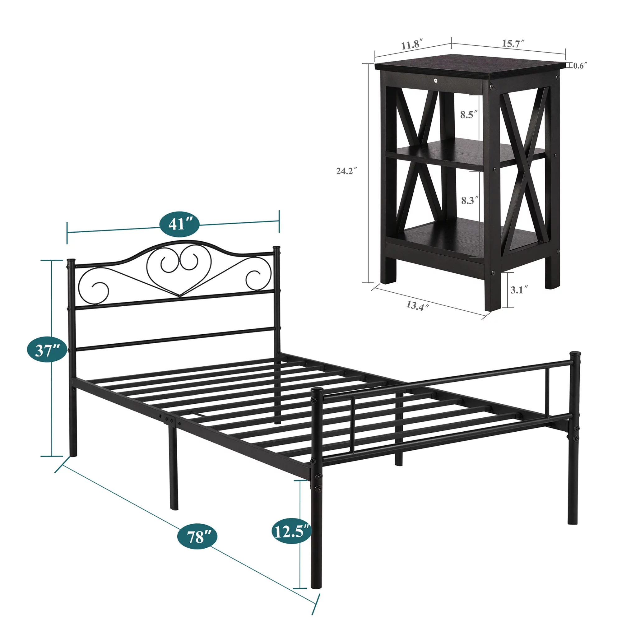 VECELO 3-Piece Bedroom Sets Metal Bed Frame and 2 Nightstand