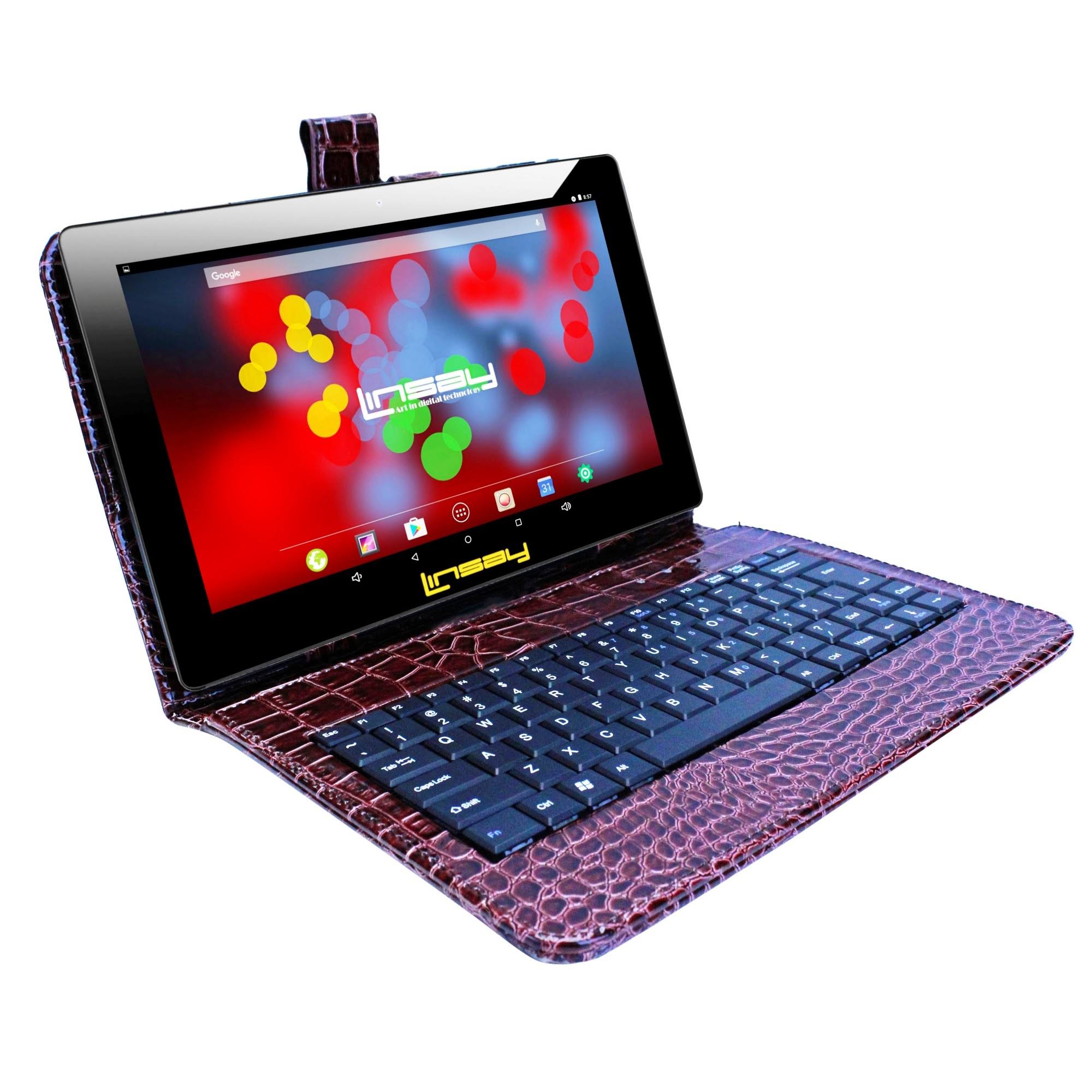 LINSAY 10.1 inch Quad Core 1280 x 800 IPS Screen Tablet 16GB with Brown Crocodile Style Leather Keyboard Case
