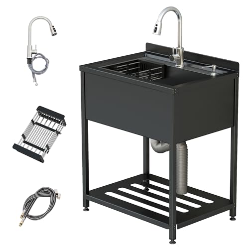 Stainless Steel Utility Sink, 30.8" × 22" × 39.5"Freestanding Sink with Cold and Hot Water Faucet,Hoses and Drain Kit for Kitchens, Bathrooms, Garage