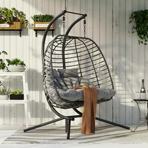 HWB Hanging Egg Chair with Stand, Patio Wicker Hammock Egg Swing Chair with Cushion for Bedroom Garden Indoor Outdoor (Beige)
