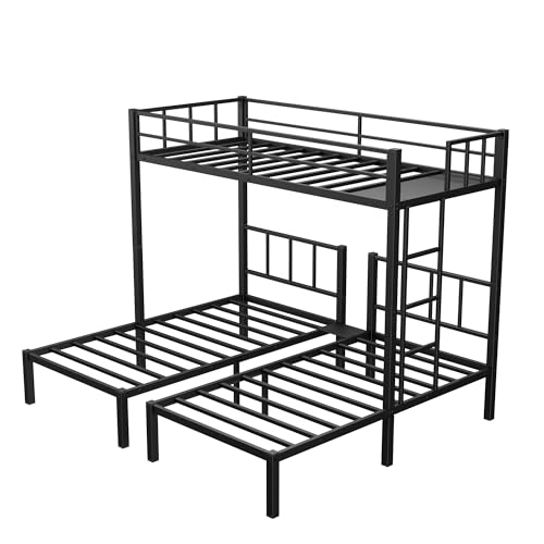 Heavy Duty Triple Bunk Bed, Twin Over Twin Over Twin with Guardrails and Ladder, Metal Bunk Bed for 3, 3 Bed Teens and Adults, No Box Spring Needed