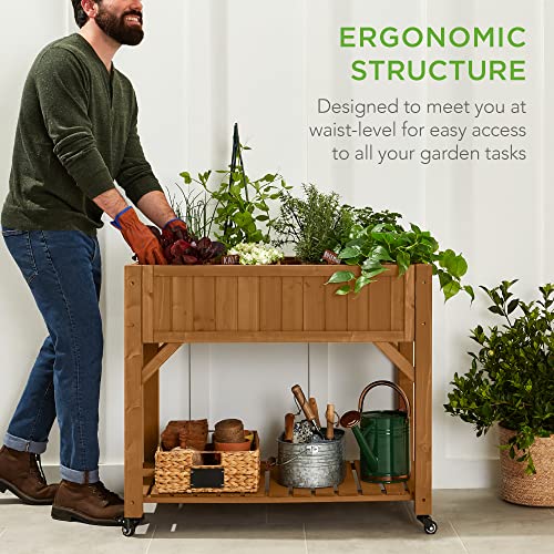 Best Choice Products Elevated 8 Pocket Herb Garden Bed, Mobile Raised Customizable Wood Planter for Herbs, Vegetables, Flowers w/Lockable Wheels