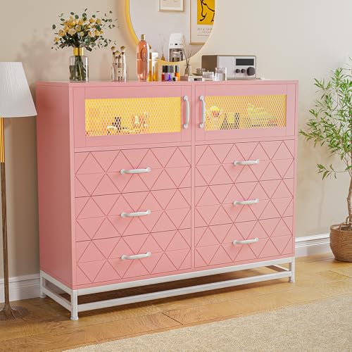 6 Drawer Dresser for Bedroom with LED Lights and Charging Station, Wooden Double Dresser with 2 Shelves & Mental Grid Handle
