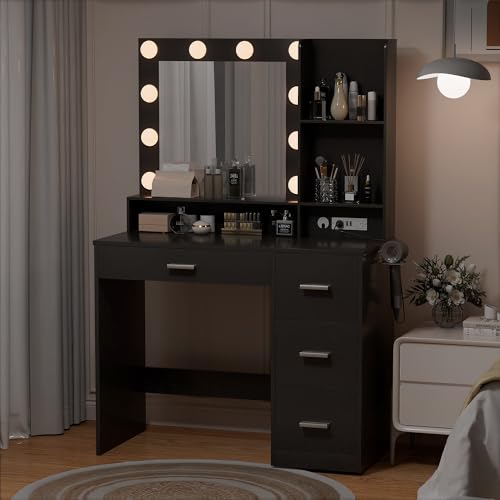 YESHOMY Vanity Desk with Mirror, Power Outlet and 10 Lights, Makeup Table with 4 Drawers, 3 Color Modes Available for Bedroom, White